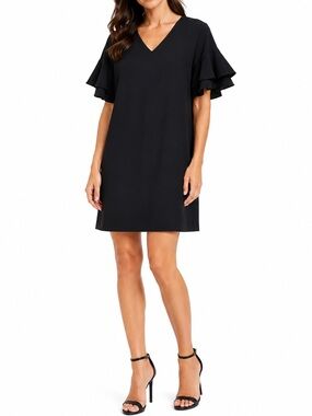 KENSIE Women's Stretchy Crepe Tiered Sleeve Ruffle Shift Dress Size Small